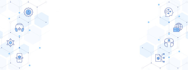 Technology Banner Vector Illustration with Two-sided Icon Style. Line Duotone icon. Containing headphones, smart contract, big data, immersive vr, graphene, augmented reality.