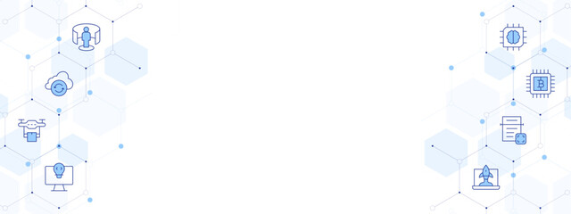 Technology Banner Vector Illustration with Two-sided Icon Style. Line Duotone icon. Containing idea, drone delivery, ocr, startup, cloud sync, artificial intelligence, vr platform, bitcoin