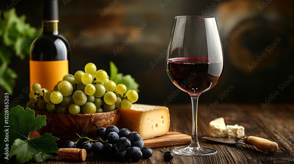 Poster Glass of red wine with fresh grape and cheese on wooden table Close up Copy space : Generative AI