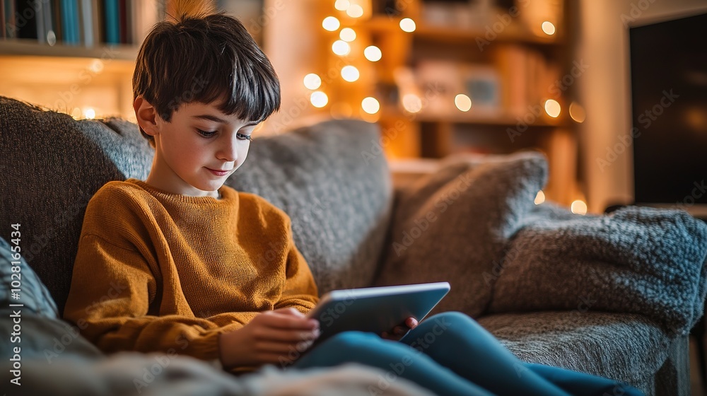 Poster a student using a tablet to access online learning resources in a cozy home setting.
