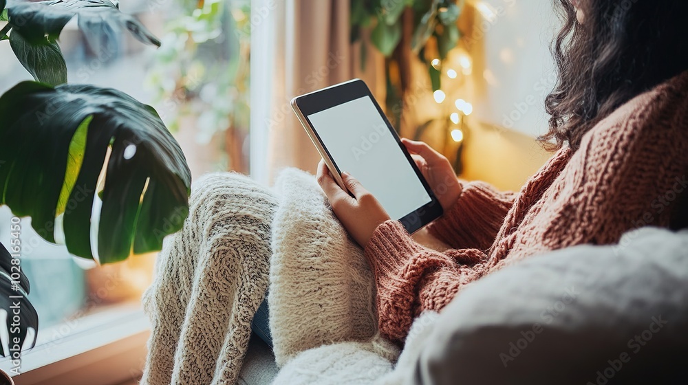 Aufkleber a student using a tablet to access online learning resources in a cozy home setting.