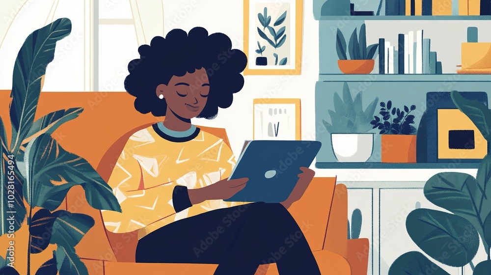 Poster a student using a tablet to access online learning resources in a cozy home setting.
