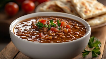 Lentil soup with pita bread in a ceramic white bowl on a wooden background : Generative AI