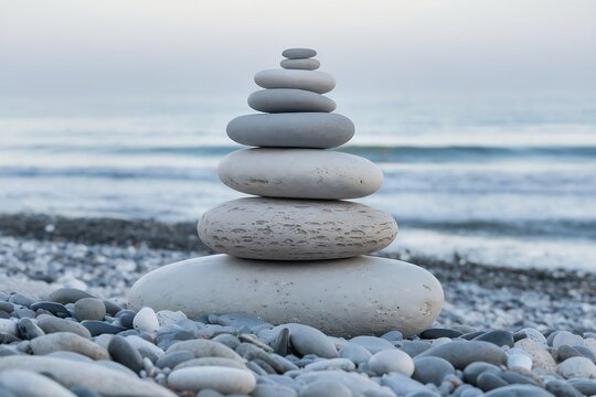 Zen stone tower on the beach. Concept of meditation and free thinking for mental health