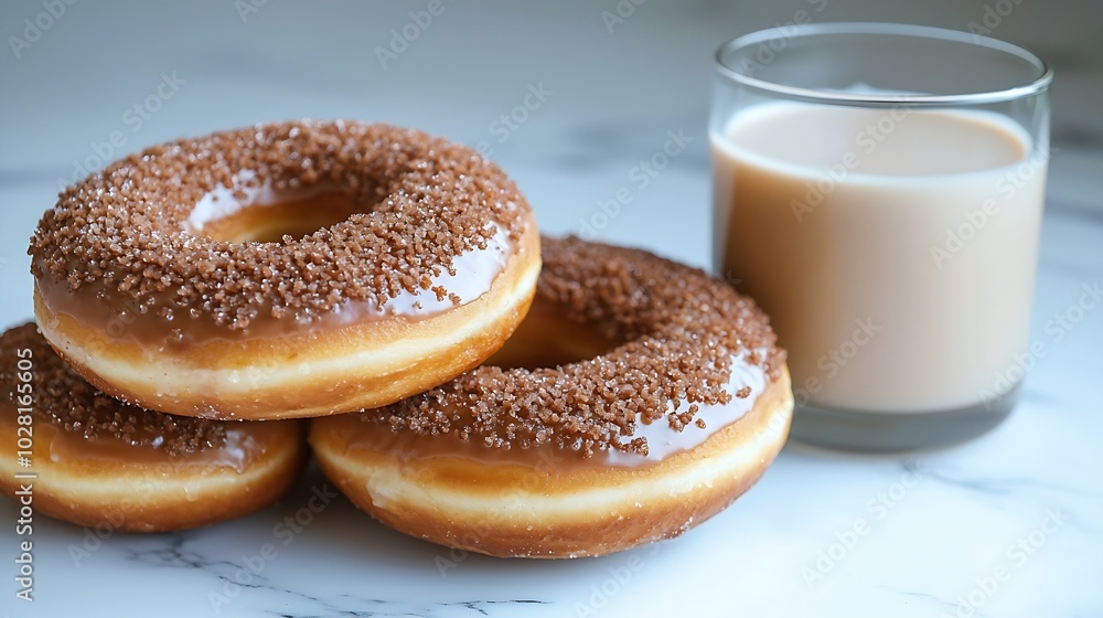 Poster Donuts with glass of milk on marble table Grey background Copy space : Generative AI