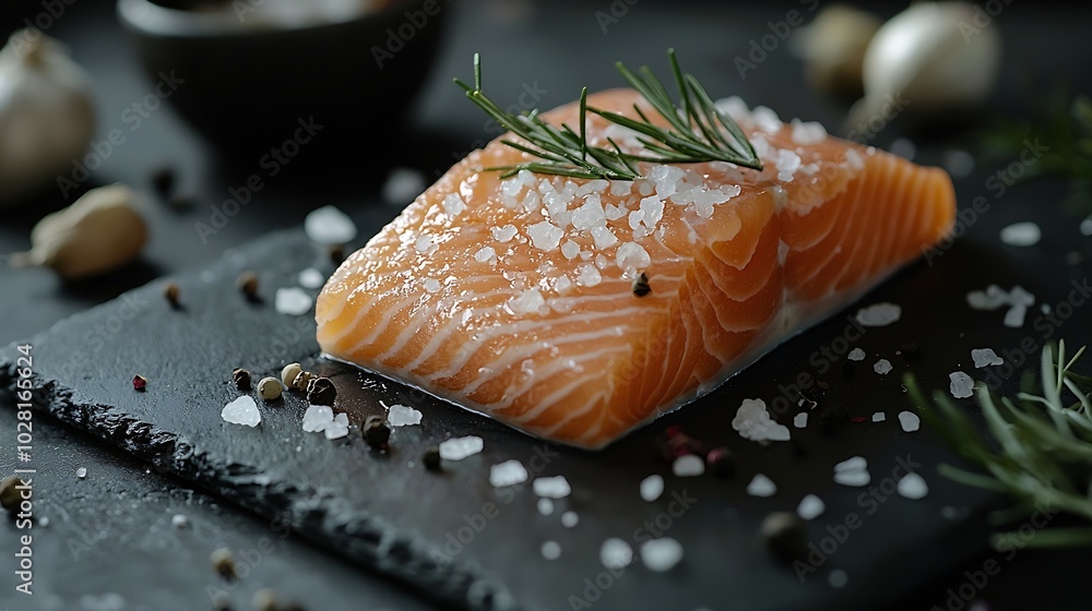 Poster salmon fish fillet with sea salt on slate dark background close up : generative ai