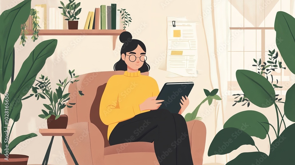 Poster a student using a tablet to access online learning resources in a cozy home setting.