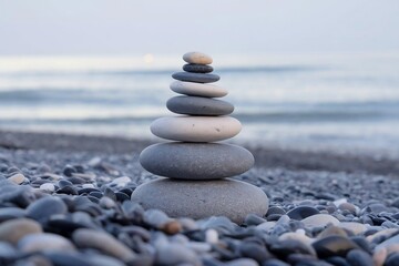 Zen stone tower on the beach. Concept of meditation and free thinking for mental health