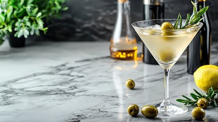 Martini cocktail with green olives on marble table background Copy space : Generative AI