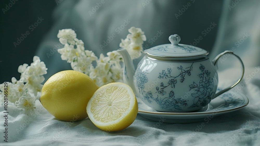 Poster tea cup and pot with lemon grey background close up : generative ai