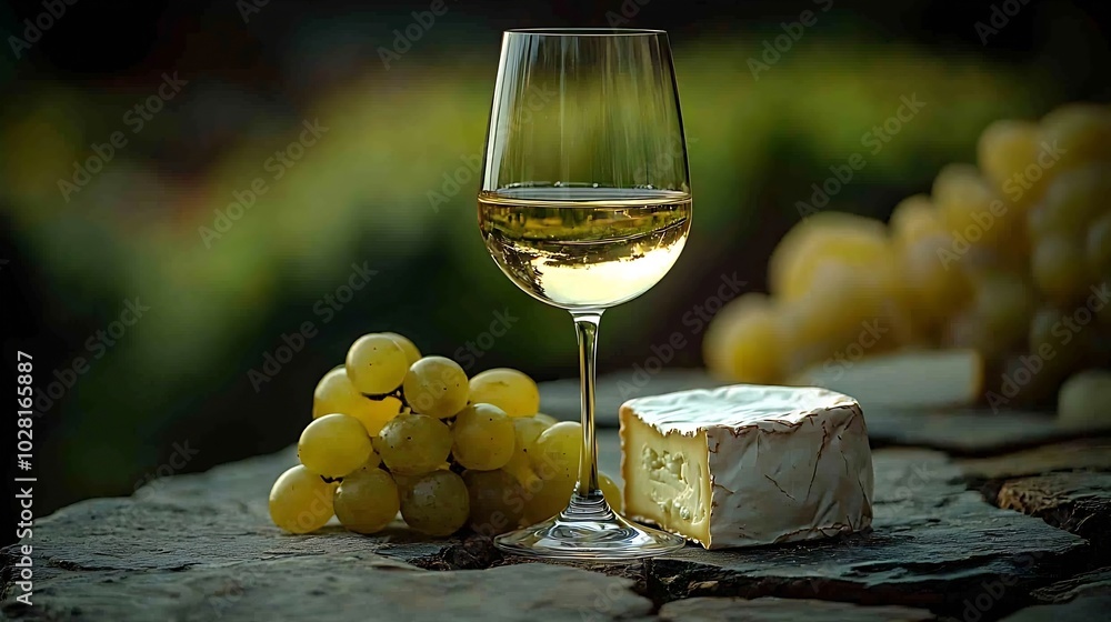 Poster Glass of white wine and assorted cheese with grape on a stone and slate backgroundCopy space : Generative AI