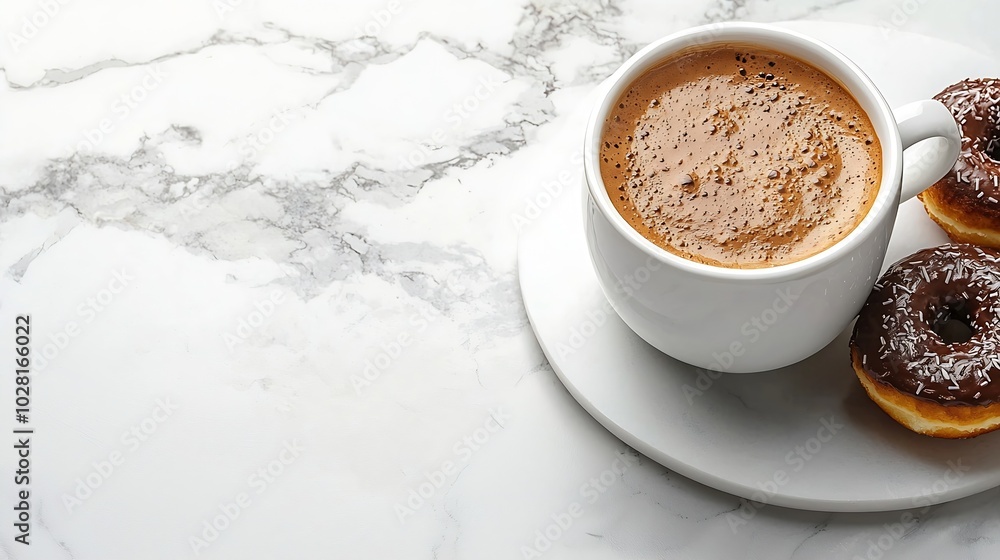 Poster coffee in a white cup with chcolate donut on marble board top view copy space : generative ai