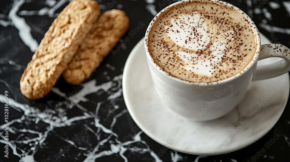 Poster coffee espresso in cup with biscotti cookies on black marble background close up top view : generati