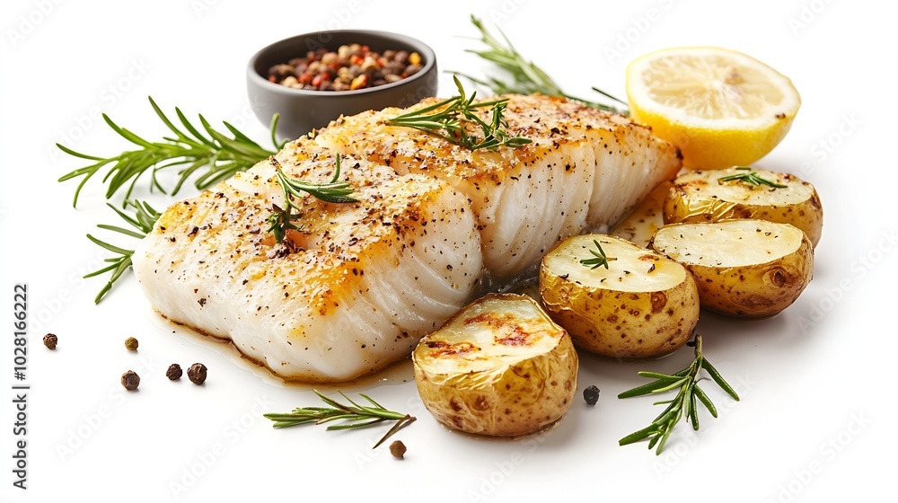 Poster roasted cod codfish with baked potatoes and artichokes with lemon and herbs sauce on a white backgro