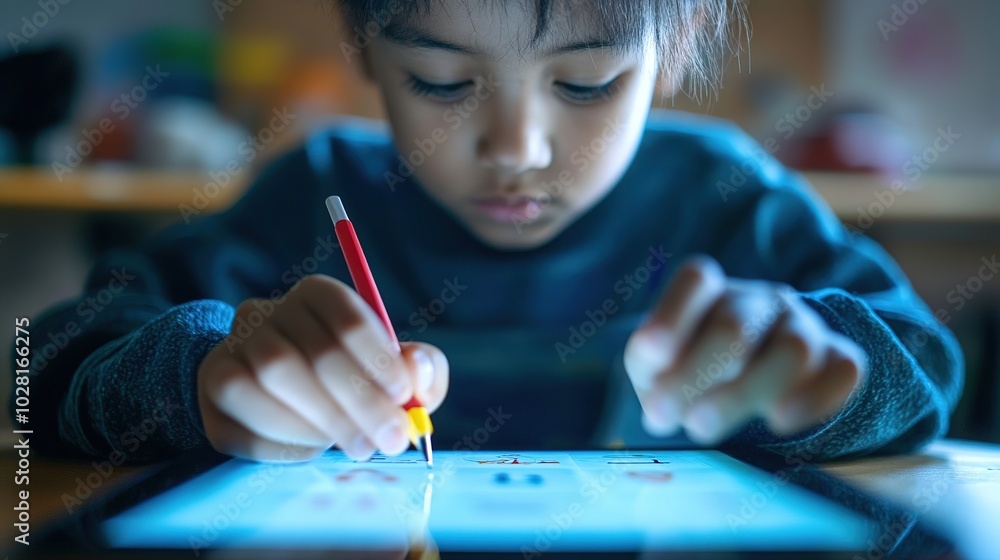 Poster a student using an educational app on a tablet to solve math problems.