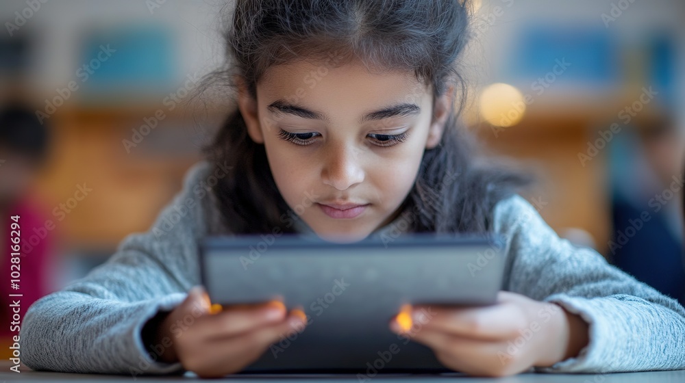 Poster a student using an educational app on a tablet to solve math problems.