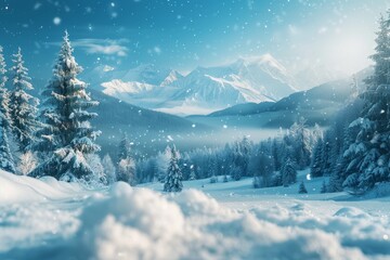 Beautiful winter landscape with snow-covered pine trees and falling snowflakes in a mountain forest, perfect for Christmas and New Year themes, captured in high-definition photography.