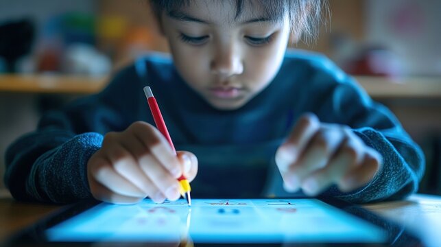 A student using an educational app on a tablet to solve math problems.