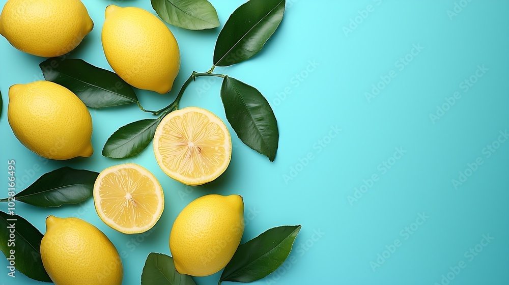 Poster fresh lemons background copy space top view : generative ai