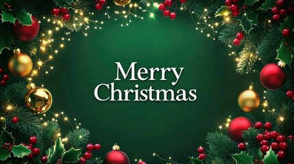 green greeting card with "Merry Christmas" in bold white letters, with a large copy space framed by holly, berries, and golden baubles.