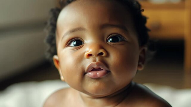 close up black baby boy at home 