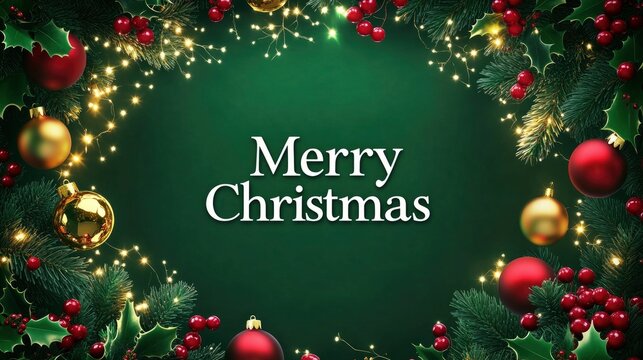green greeting card with "Merry Christmas" in bold white letters, with a large copy space framed by holly, berries, and golden baubles.