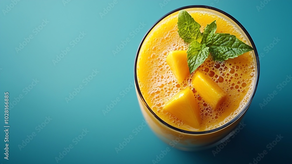 Aufkleber fresh mango smoothie juice on blue background top view : generative ai