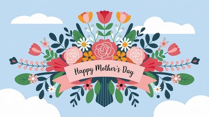 Bouquet of Flowers with Happy Mother's Day Banner in a Vibrant Arrangement of Roses, Daisies, and Tulips Against a Light Blue Sky
