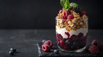 Healthy breakfast Fresh granola muesli with berries honey in a glass jar on a black stone background : Generative AI