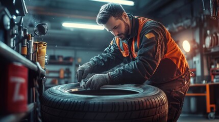 A mechanic works intently on a tire, showcasing craftsmanship in a well-equipped garage environment.