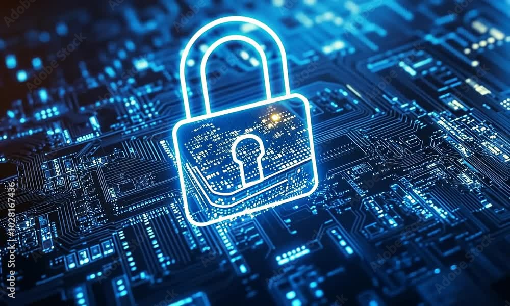 Poster a close-up of a circuit board with a security lock symbol, representing technology and cybersecurity