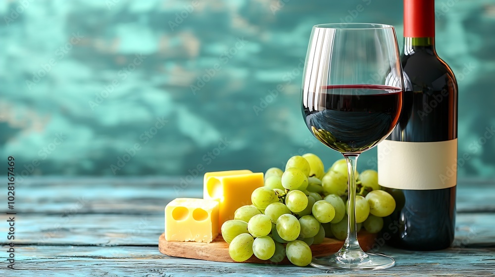 Poster glass of red wine with fresh grape and cheese on wooden table blue background copy space : generativ