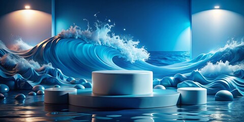Mesmerizing blue waves complement a 3D cylinder podium, creating the perfect backdrop for showcasing your aquatic products and enhancing visual appeal. Ideal for captivating displays.