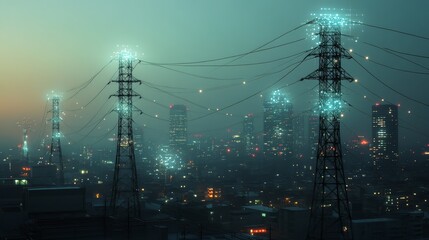 A foggy urban landscape showcasing illuminated power lines against a backdrop of skyscrapers at dusk.