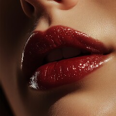 Closeup of glossy lips with dark red lipstick