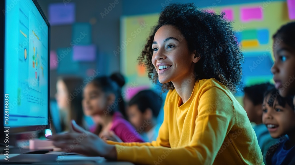 Poster a teacher using digital tools to interact with students in a virtual classroom.