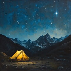 Night camping under a starry sky in mountains.