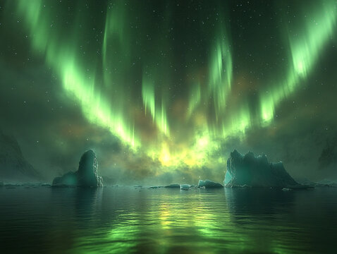 a breathtaking night scene of the Aurora Borealis in the Arctic, with a frozen lake reflecting the vibrant green lights of the auroras, and snow-covered mountains in the background.