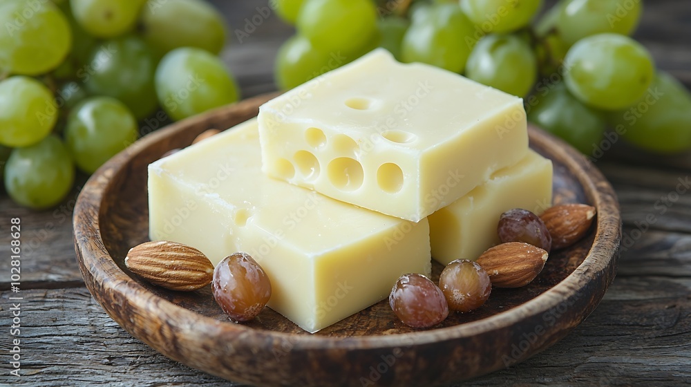 Poster cheese plate with honey nuts and grape on a wooden background : generative ai
