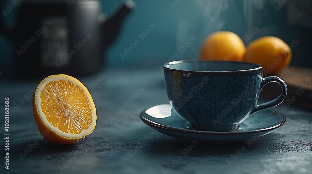 Poster tea cup and pot with lemon grey background close up : generative ai