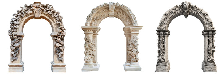Naklejka premium A stone archway intricately carved with detailed vine and flower patterns, isolated on a transparent background