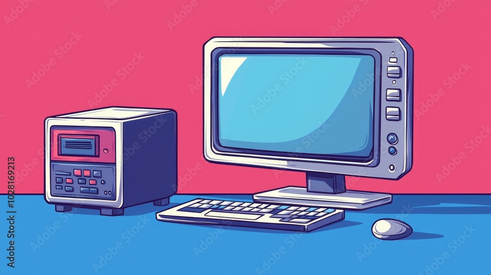 Poster modern desktop setup with tower and monitor