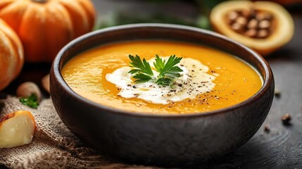 Pumpkin soup with cream Marble background Copy space : Generative AI