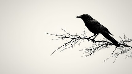Black Raven Perched on Minimalistic Branch