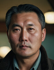 Obraz premium Portrait of a middle-aged North Korean man in a formal setting, showcasing the traditional clothing style and serious expression, indicative of his cultural background. Generative AI