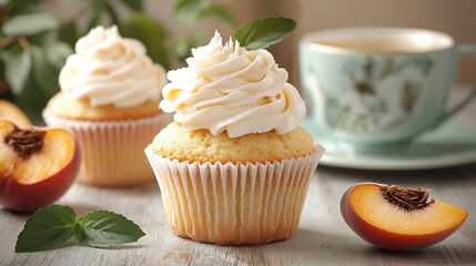 Peach cupcakes muffins with cup of tea Marble table Copy space : Generative AI
