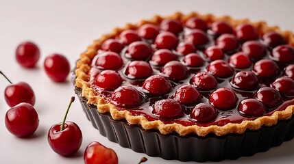 Cherry pie in a backing dish on a white background : Generative AI