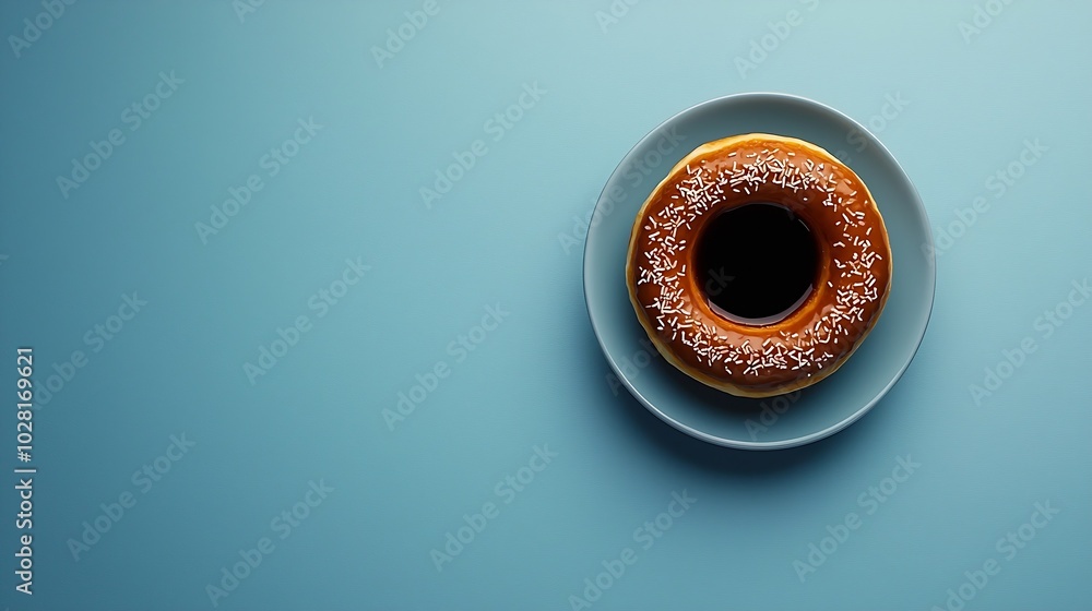 Poster coffee with donut on blue background top view : generative ai