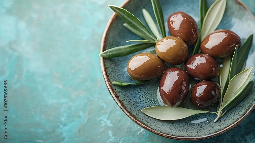 Poster assortment of fresh olives on a plate with olive tree brunches blue textile background top view : ge
