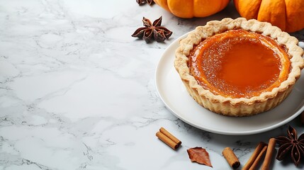 Pumpkin pie tart with cup of tea Marble background Top view : Generative AI